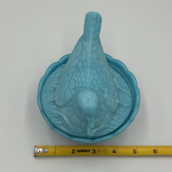 French Portieux Vallerysthal Nesting Hen Nest Covered Candy Dish Blue Milk Glass - Picture 14 of 15